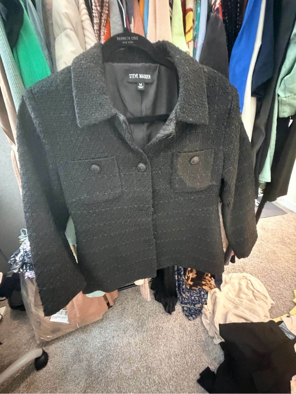 Steve Madden Black Bouclé Button-Front Blazer Jacket